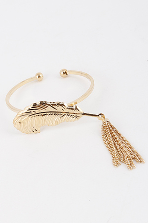 Feather Open Cuff Bracelet with Tassle Detail 5ICH8